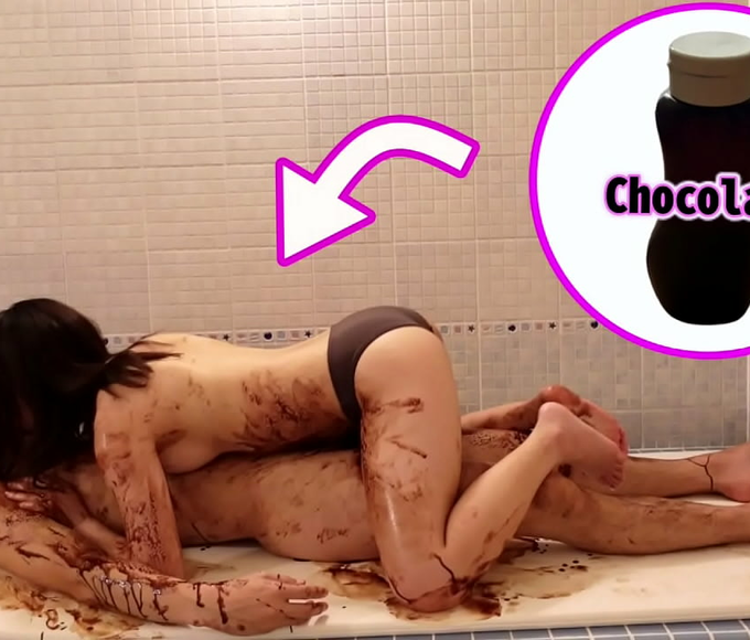 Japanese Couple's Real Valentine's Day Orgasm In The Bathroom With Chocolate Slick Sex